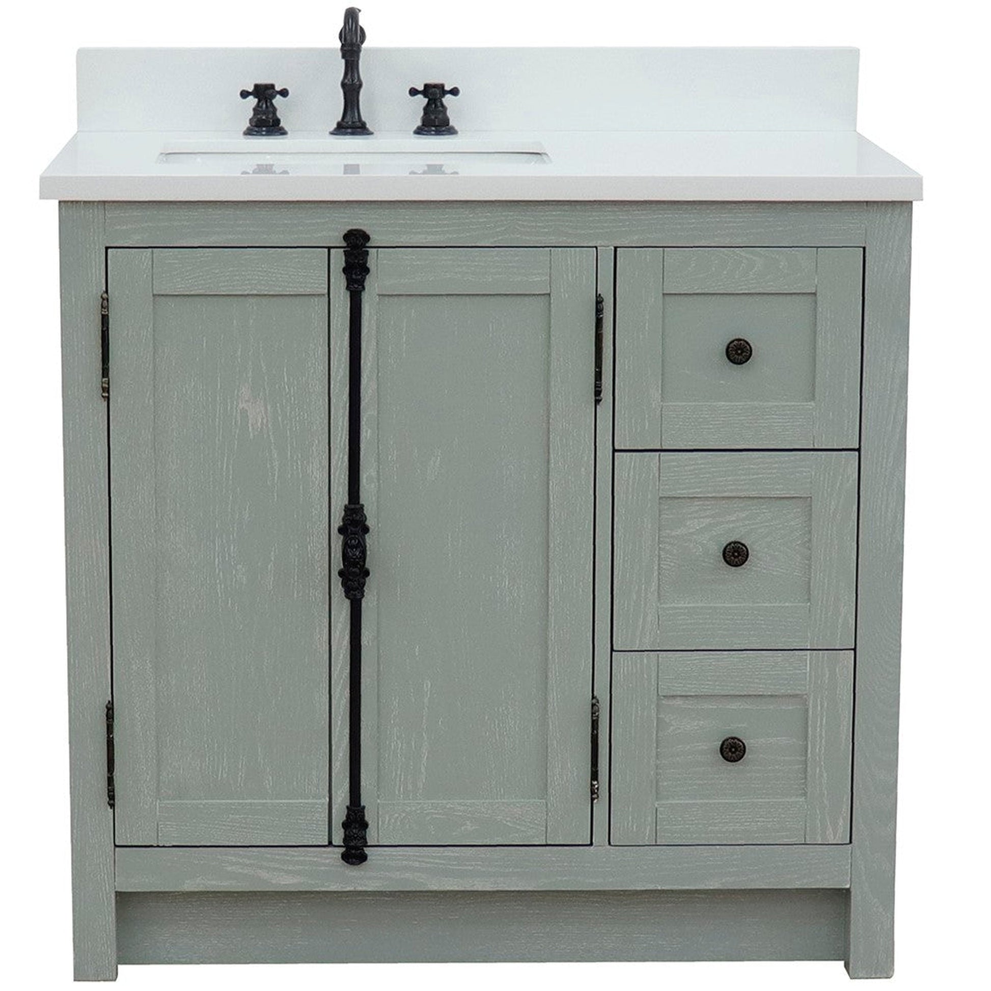 Bellaterra Home Plantation 37" 2-Door 3-Drawer Gray Ash Freestanding Vanity Set With Ceramic Left Offset Undermount Rectangular Sink and White Quartz Top