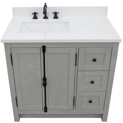 Bellaterra Home Plantation 37" 2-Door 3-Drawer Gray Ash Freestanding Vanity Set With Ceramic Left Offset Undermount Rectangular Sink and White Quartz Top