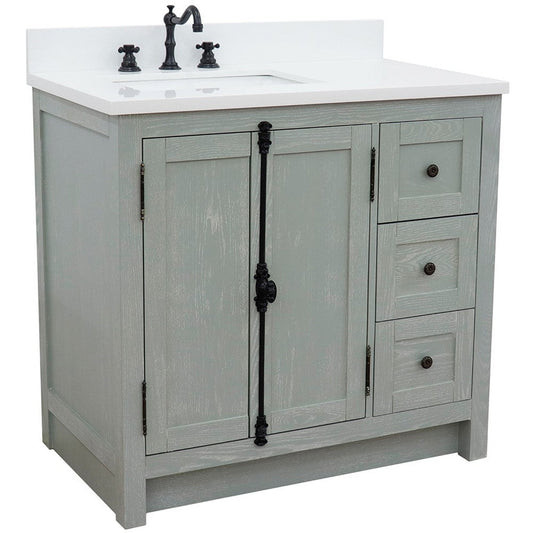 Bellaterra Home Plantation 37" 2-Door 3-Drawer Gray Ash Freestanding Vanity Set With Ceramic Left Offset Undermount Rectangular Sink and White Quartz Top