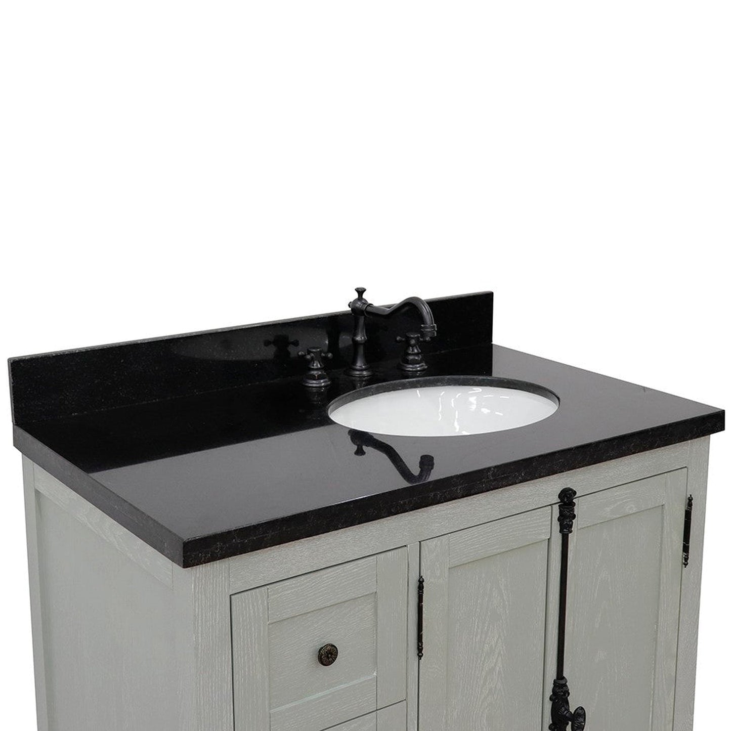 Bellaterra Home Plantation 37" 2-Door 3-Drawer Gray Ash Freestanding Vanity Set With Ceramic Right Offset Undermount Oval Sink and Black Galaxy Top