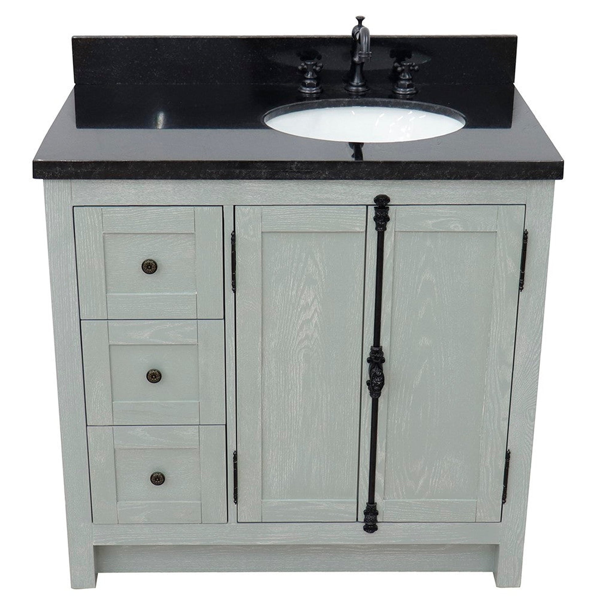 Bellaterra Home Plantation 37" 2-Door 3-Drawer Gray Ash Freestanding Vanity Set With Ceramic Right Offset Undermount Oval Sink and Black Galaxy Top