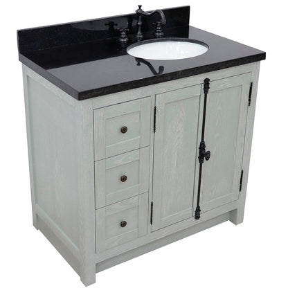 Bellaterra Home Plantation 37" 2-Door 3-Drawer Gray Ash Freestanding Vanity Set With Ceramic Right Offset Undermount Oval Sink and Black Galaxy Top