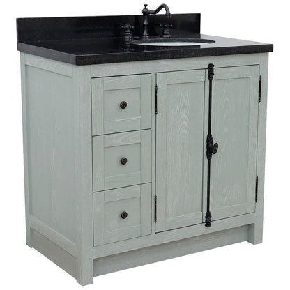 Bellaterra Home Plantation 37" 2-Door 3-Drawer Gray Ash Freestanding Vanity Set With Ceramic Right Offset Undermount Oval Sink and Black Galaxy Top