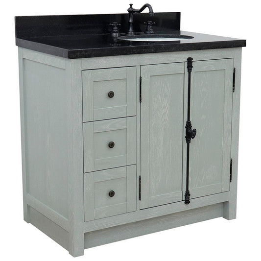 Bellaterra Home Plantation 37" 2-Door 3-Drawer Gray Ash Freestanding Vanity Set With Ceramic Right Offset Undermount Oval Sink and Black Galaxy Top