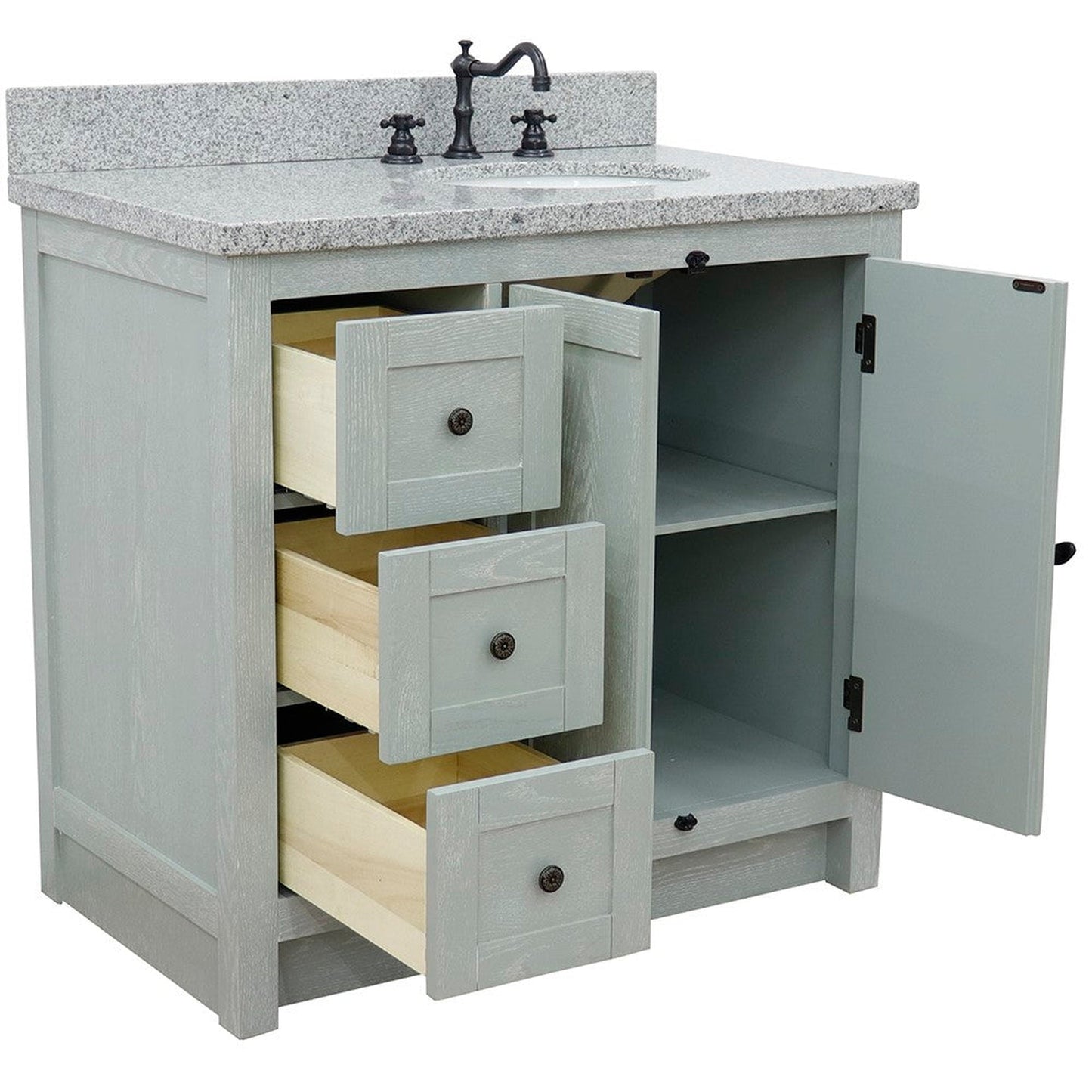 Bellaterra Home Plantation 37" 2-Door 3-Drawer Gray Ash Freestanding Vanity Set With Ceramic Right Offset Undermount Oval Sink and Gray Granite Top