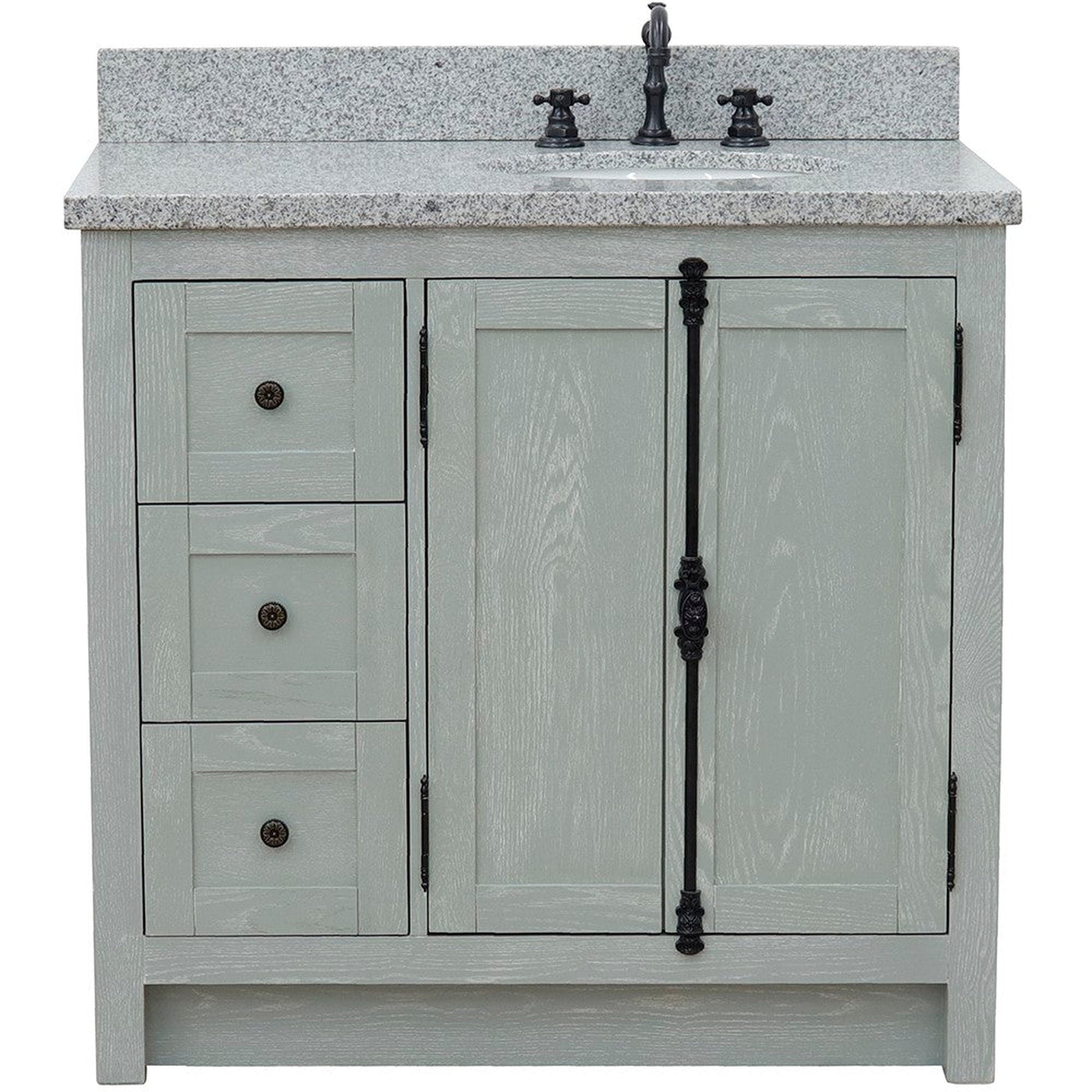 Bellaterra Home Plantation 37" 2-Door 3-Drawer Gray Ash Freestanding Vanity Set With Ceramic Right Offset Undermount Oval Sink and Gray Granite Top