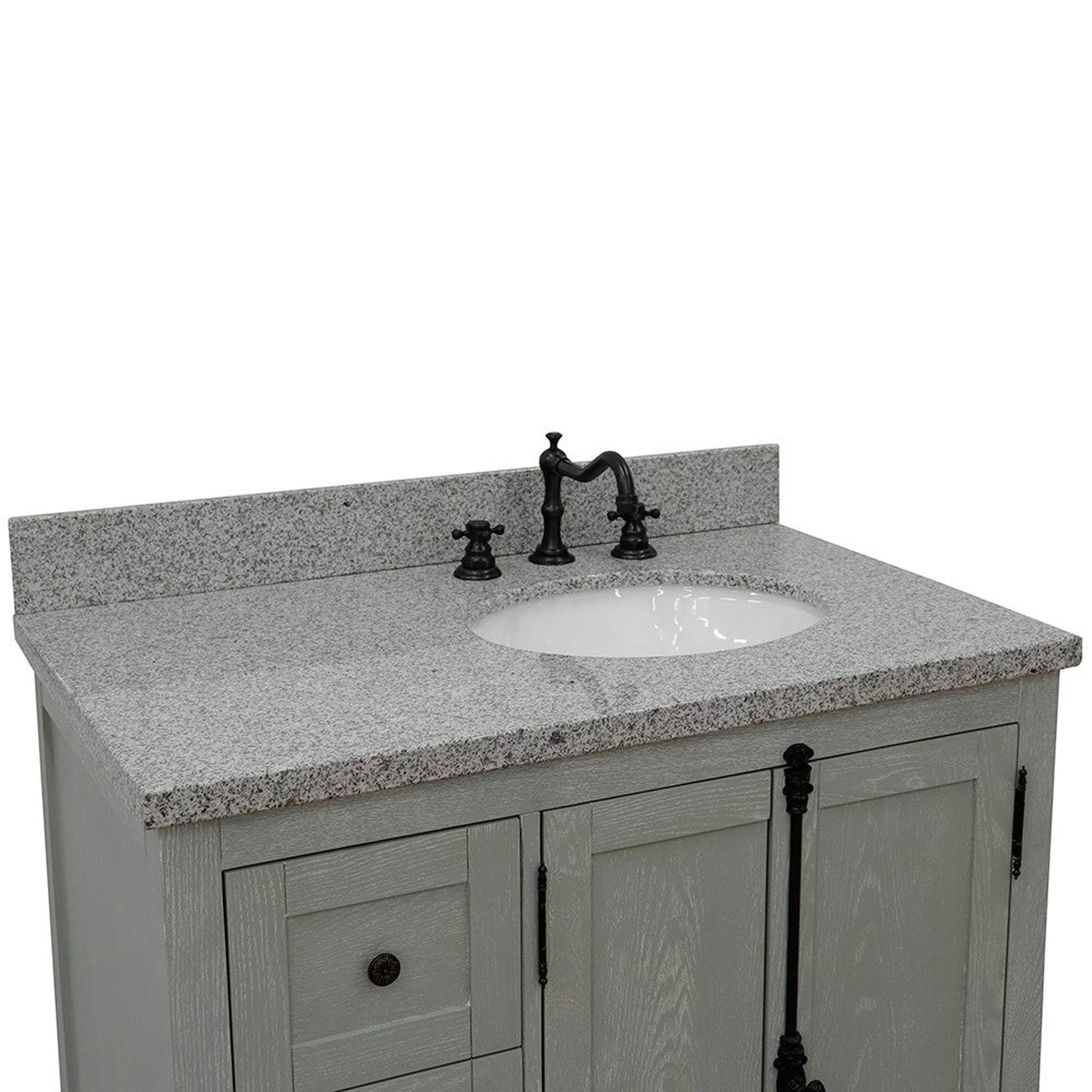 Bellaterra Home Plantation 37" 2-Door 3-Drawer Gray Ash Freestanding Vanity Set With Ceramic Right Offset Undermount Oval Sink and Gray Granite Top