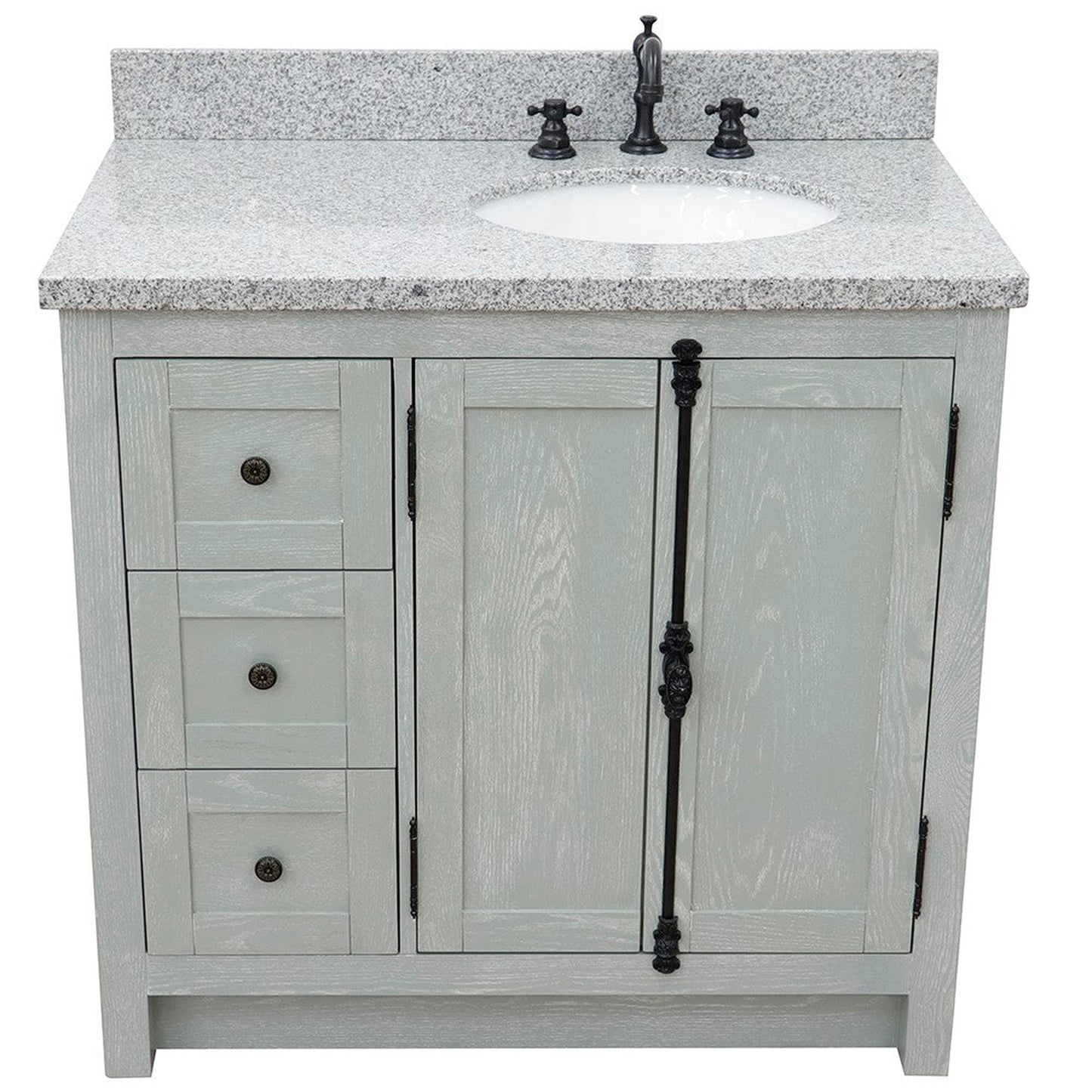 Bellaterra Home Plantation 37" 2-Door 3-Drawer Gray Ash Freestanding Vanity Set With Ceramic Right Offset Undermount Oval Sink and Gray Granite Top