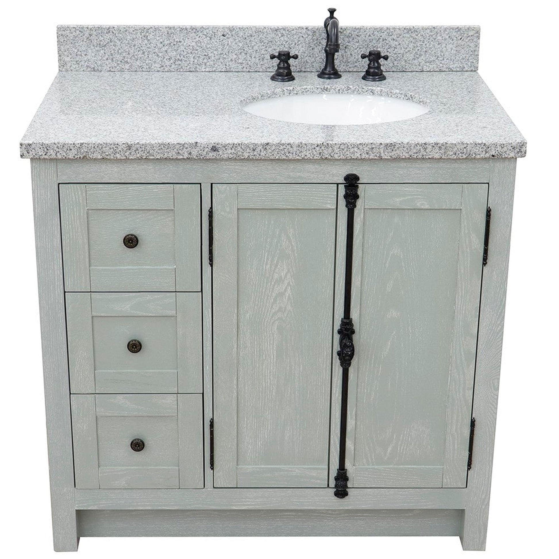 Bellaterra Home Plantation 37" 2-Door 3-Drawer Gray Ash Freestanding Vanity Set With Ceramic Right Offset Undermount Oval Sink and Gray Granite Top