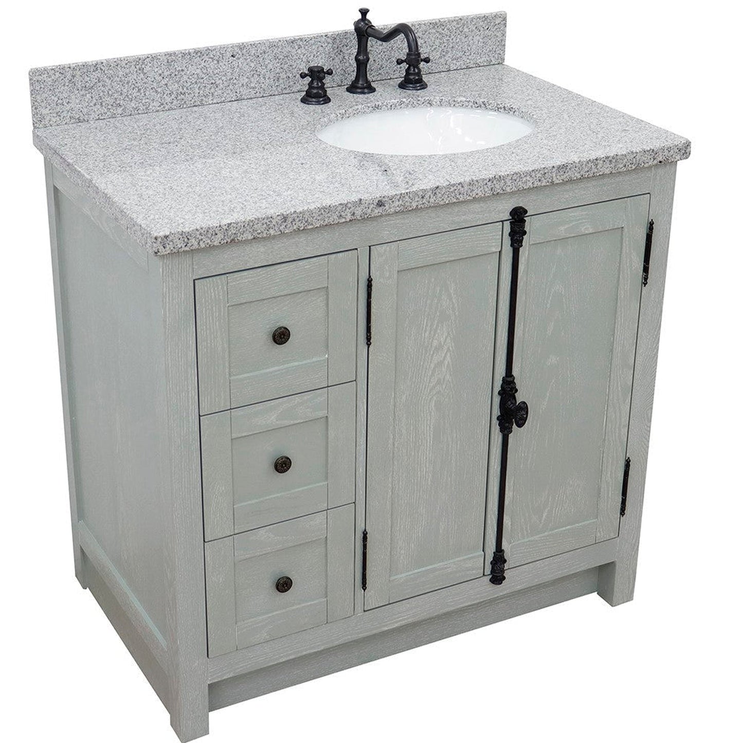 Bellaterra Home Plantation 37" 2-Door 3-Drawer Gray Ash Freestanding Vanity Set With Ceramic Right Offset Undermount Oval Sink and Gray Granite Top