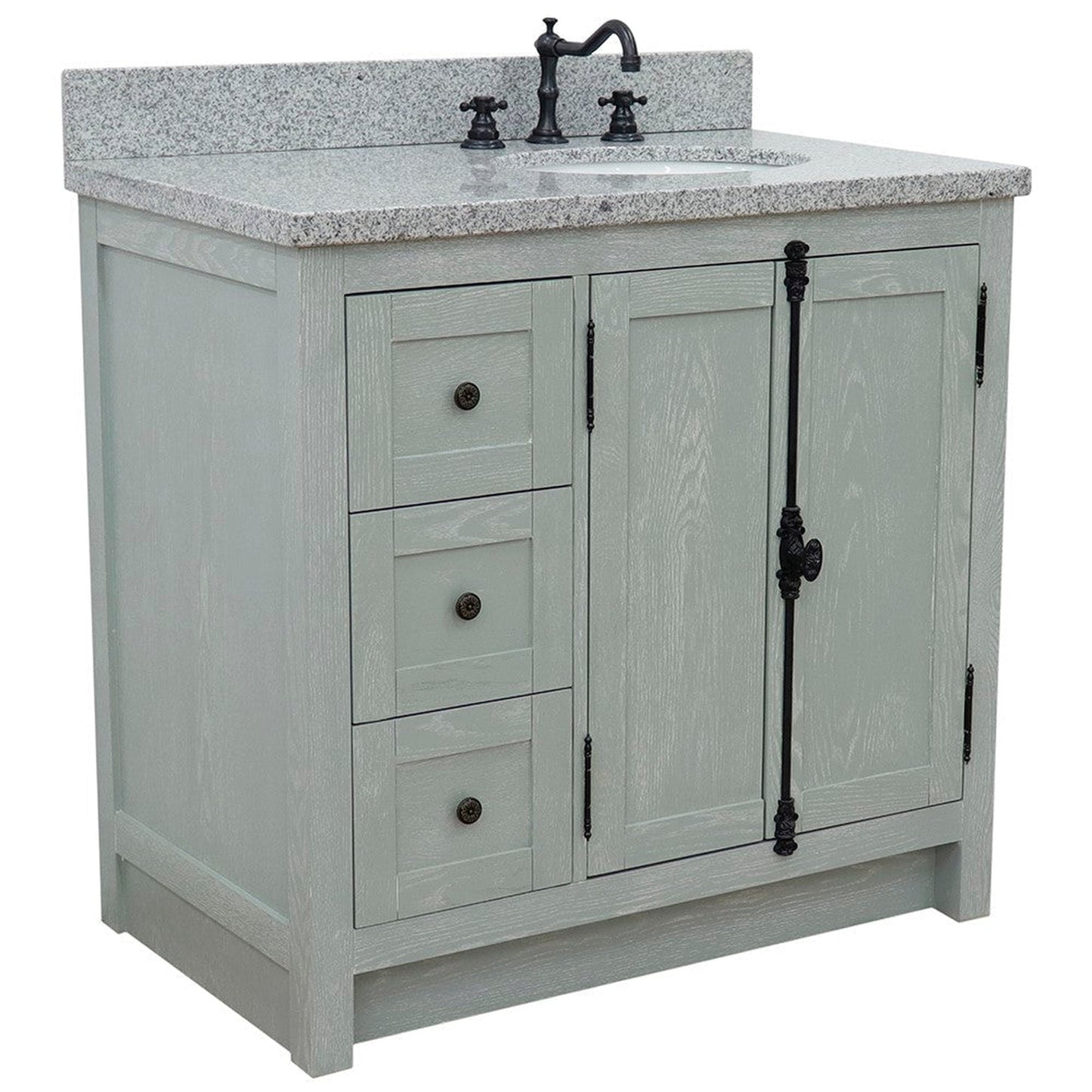 Bellaterra Home Plantation 37" 2-Door 3-Drawer Gray Ash Freestanding Vanity Set With Ceramic Right Offset Undermount Oval Sink and Gray Granite Top