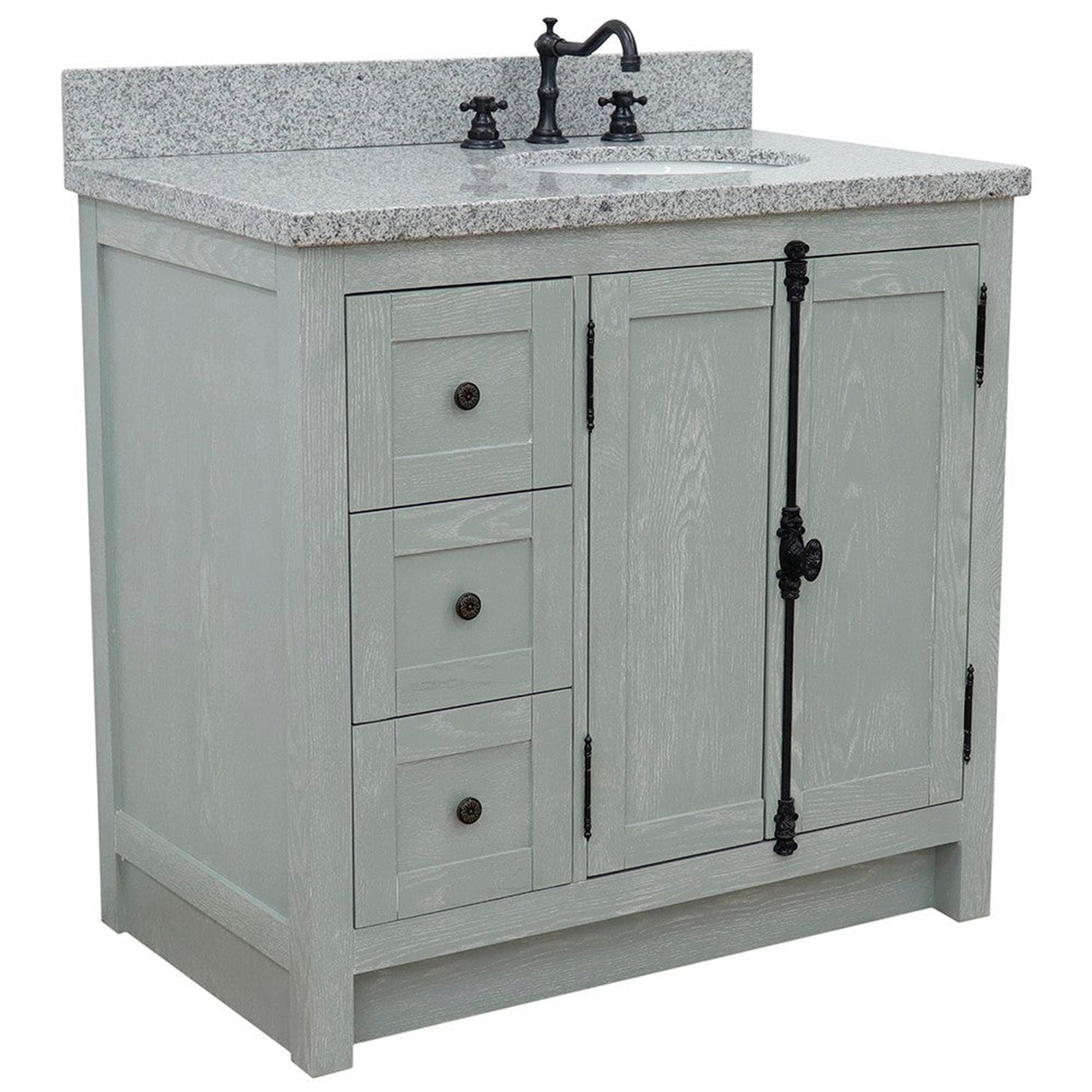 Bellaterra Home Plantation 37" 2-Door 3-Drawer Gray Ash Freestanding Vanity Set With Ceramic Right Offset Undermount Oval Sink and Gray Granite Top