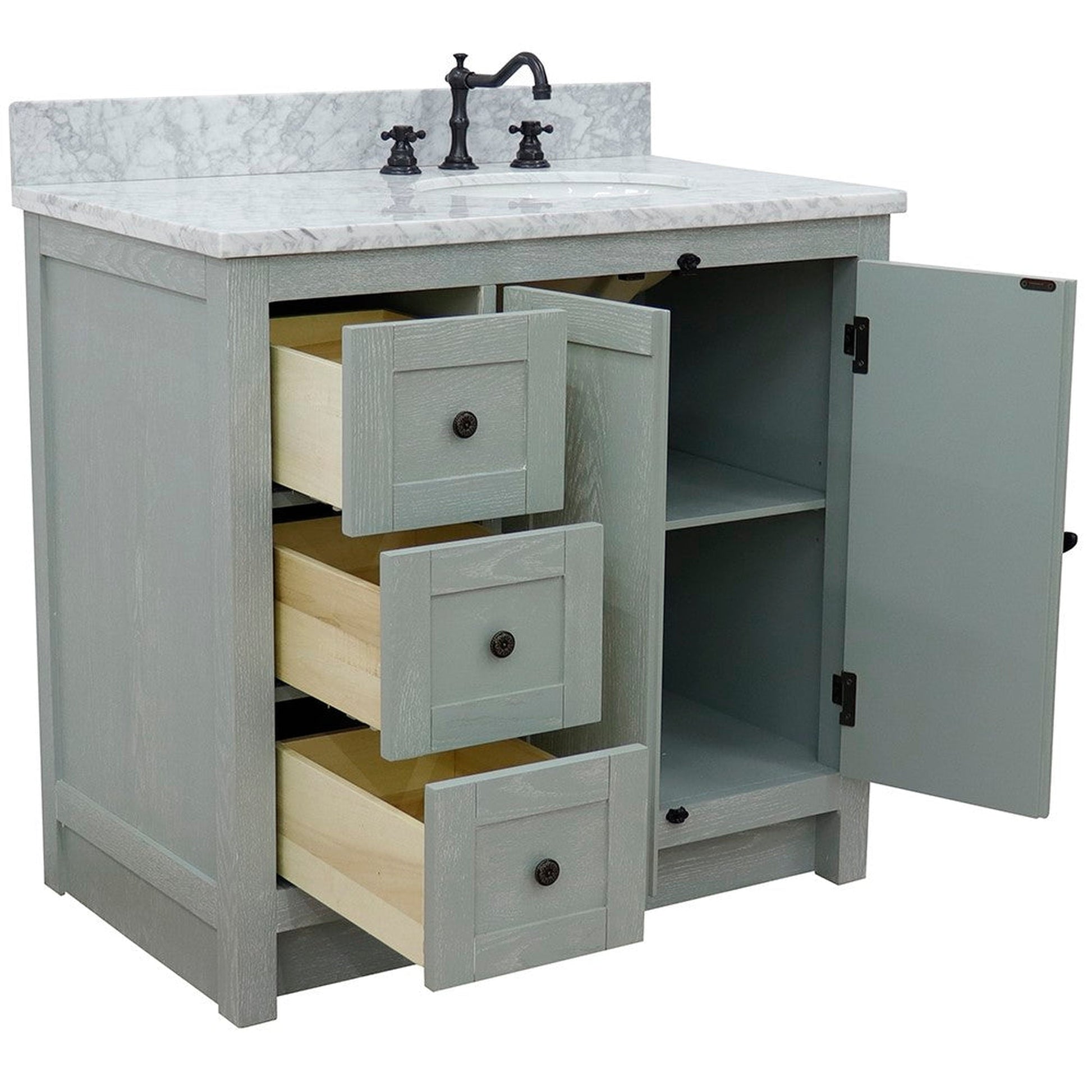 Bellaterra Home Plantation 37" 2-Door 3-Drawer Gray Ash Freestanding Vanity Set With Ceramic Right Offset Undermount Oval Sink and White Carrara Marble Top