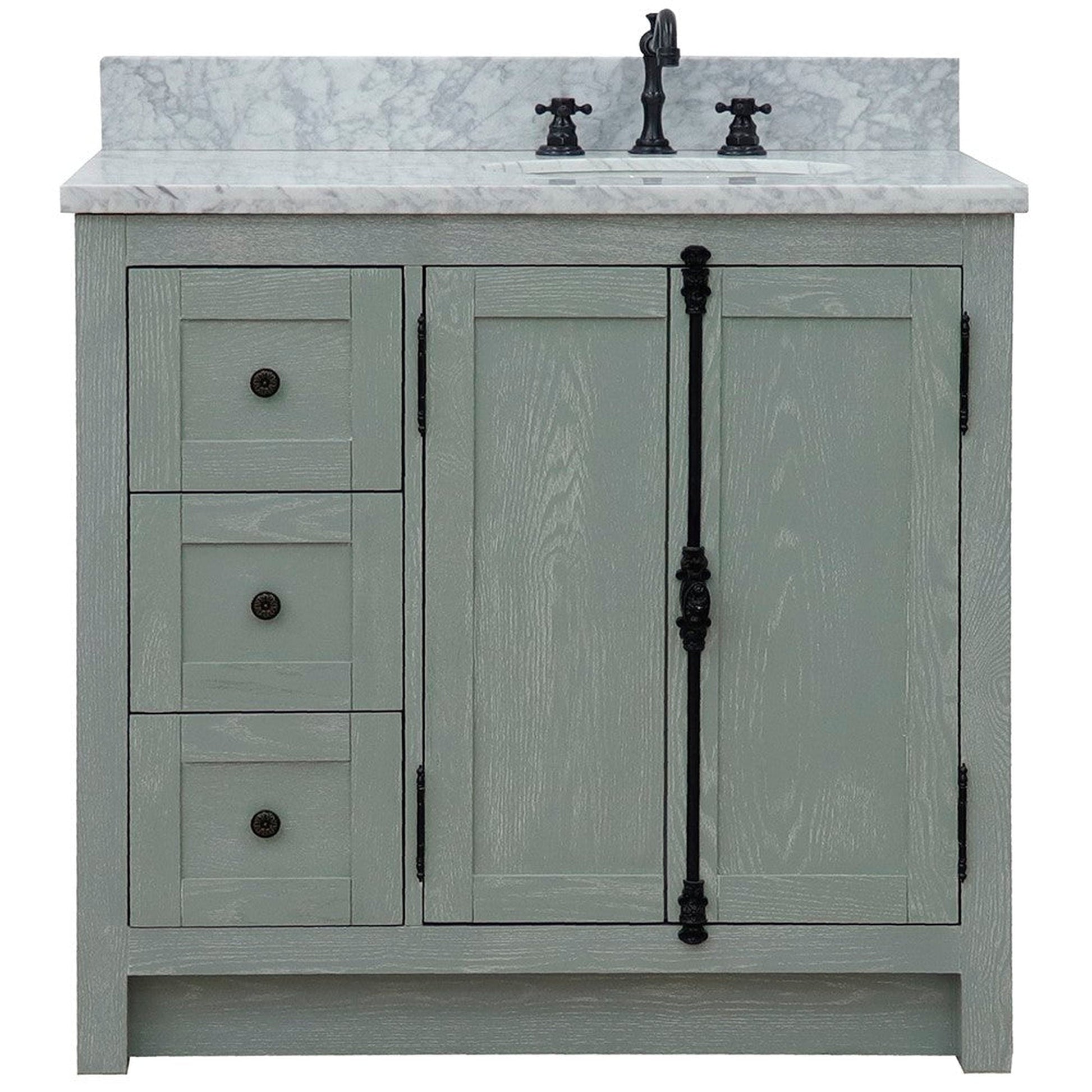 Bellaterra Home Plantation 37" 2-Door 3-Drawer Gray Ash Freestanding Vanity Set With Ceramic Right Offset Undermount Oval Sink and White Carrara Marble Top