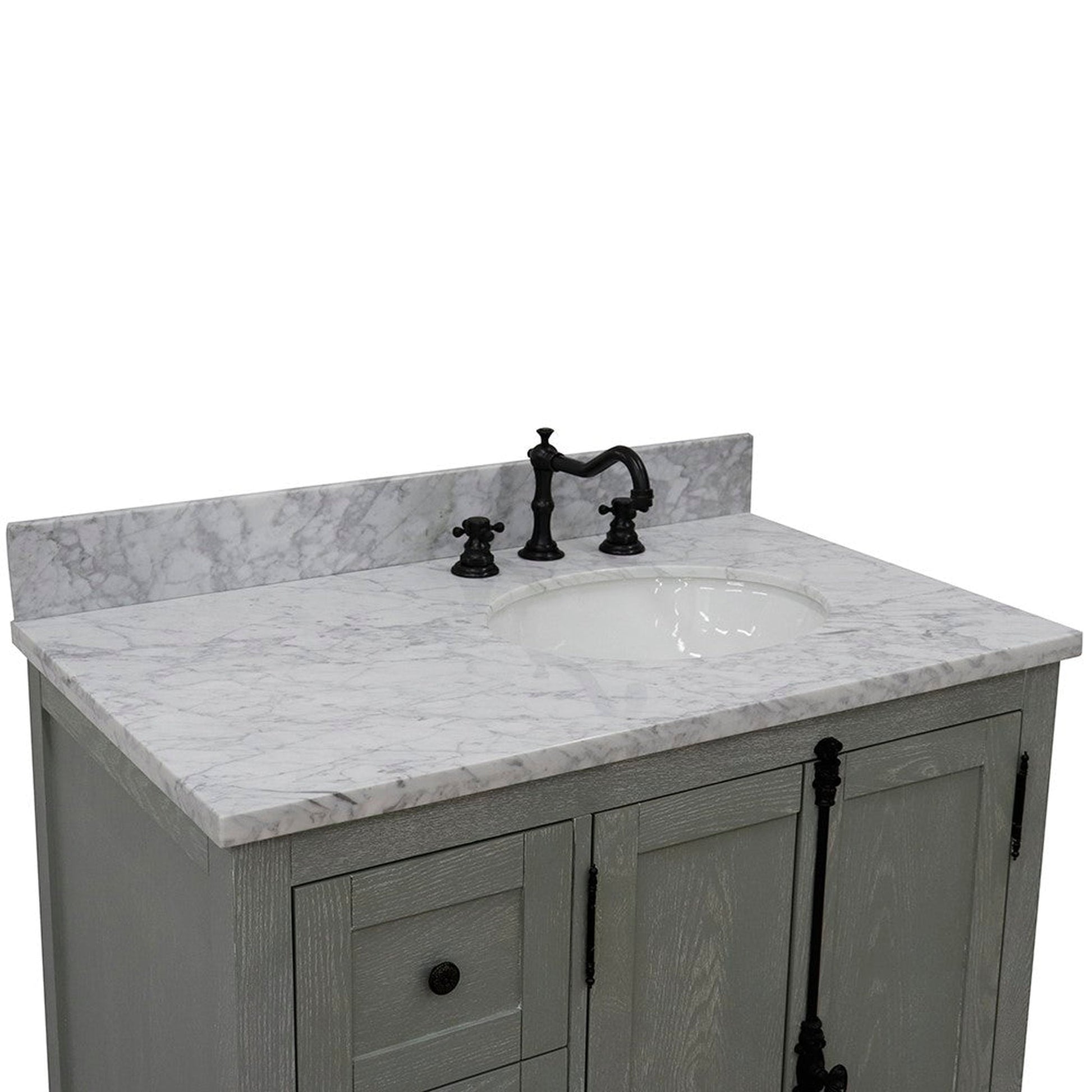 Bellaterra Home Plantation 37" 2-Door 3-Drawer Gray Ash Freestanding Vanity Set With Ceramic Right Offset Undermount Oval Sink and White Carrara Marble Top