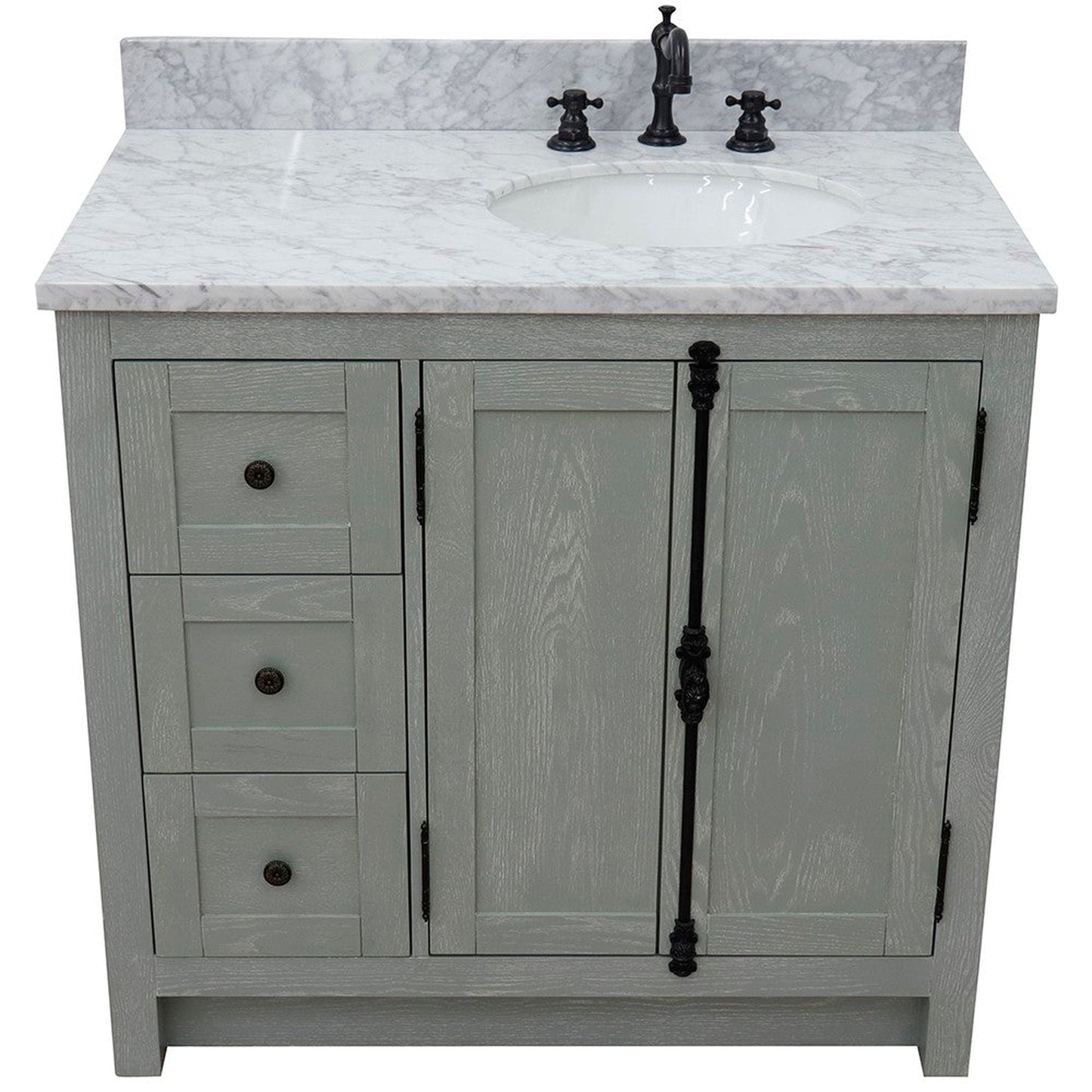 Bellaterra Home Plantation 37" 2-Door 3-Drawer Gray Ash Freestanding Vanity Set With Ceramic Right Offset Undermount Oval Sink and White Carrara Marble Top