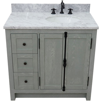 Bellaterra Home Plantation 37" 2-Door 3-Drawer Gray Ash Freestanding Vanity Set With Ceramic Right Offset Undermount Oval Sink and White Carrara Marble Top