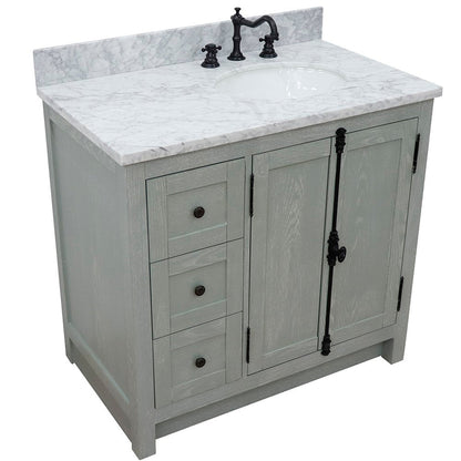 Bellaterra Home Plantation 37" 2-Door 3-Drawer Gray Ash Freestanding Vanity Set With Ceramic Right Offset Undermount Oval Sink and White Carrara Marble Top