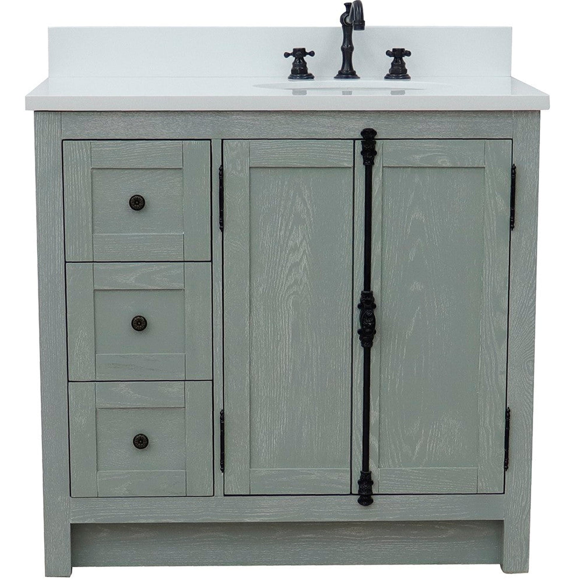 Bellaterra Home Plantation 37" 2-Door 3-Drawer Gray Ash Freestanding Vanity Set With Ceramic Right Offset Undermount Oval Sink and White Quartz Top