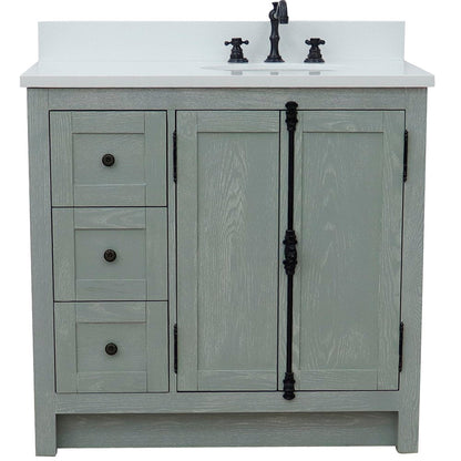 Bellaterra Home Plantation 37" 2-Door 3-Drawer Gray Ash Freestanding Vanity Set With Ceramic Right Offset Undermount Oval Sink and White Quartz Top