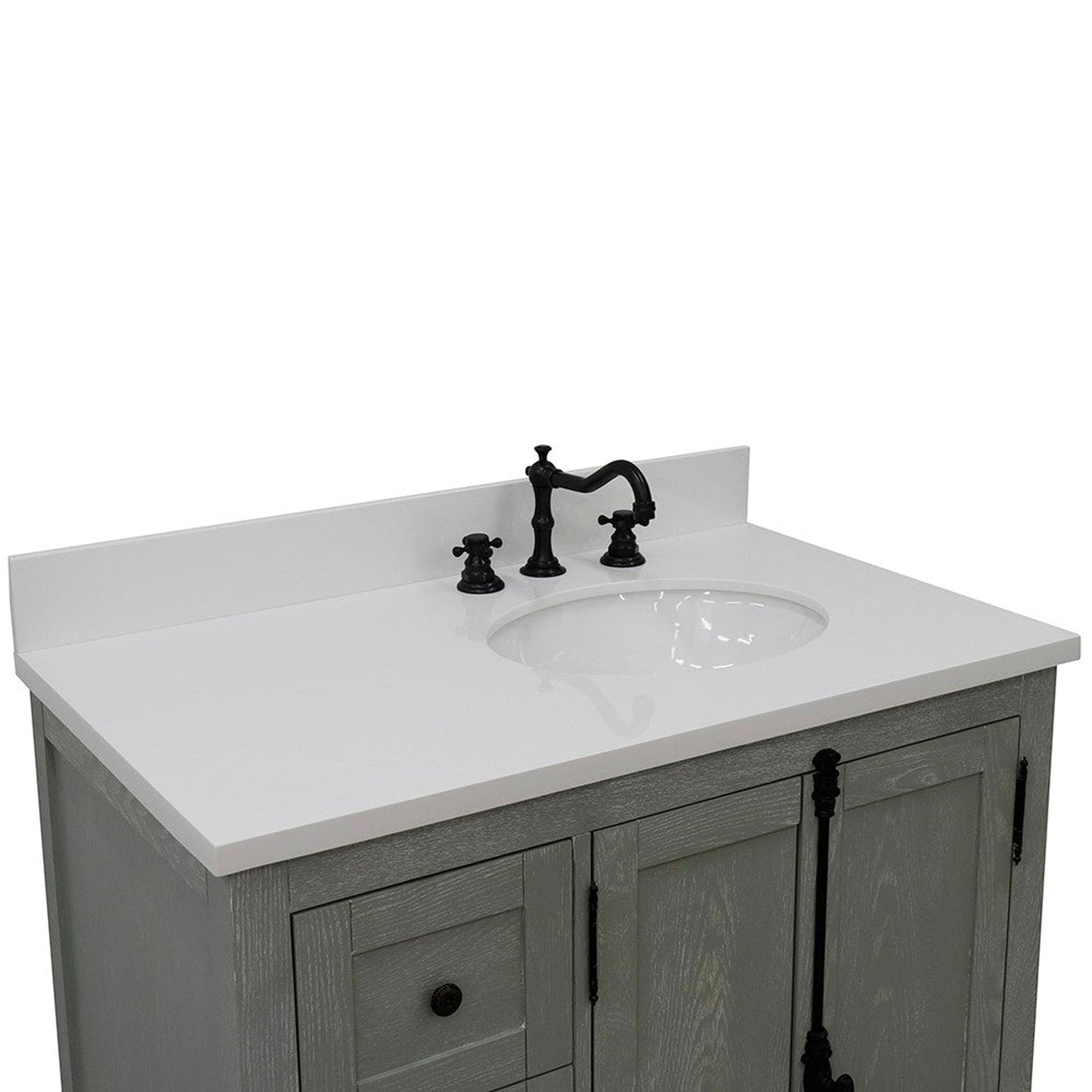 Bellaterra Home Plantation 37" 2-Door 3-Drawer Gray Ash Freestanding Vanity Set With Ceramic Right Offset Undermount Oval Sink and White Quartz Top