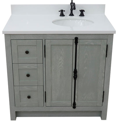 Bellaterra Home Plantation 37" 2-Door 3-Drawer Gray Ash Freestanding Vanity Set With Ceramic Right Offset Undermount Oval Sink and White Quartz Top