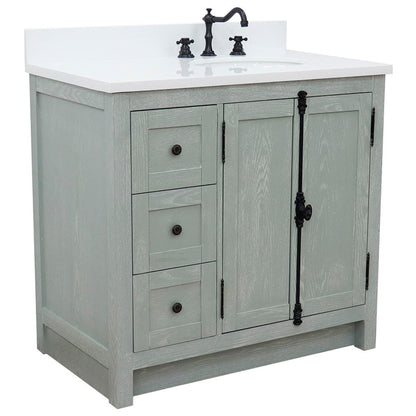 Bellaterra Home Plantation 37" 2-Door 3-Drawer Gray Ash Freestanding Vanity Set With Ceramic Right Offset Undermount Oval Sink and White Quartz Top