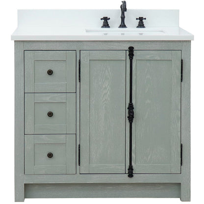 Bellaterra Home Plantation 37" 2-Door 3-Drawer Gray Ash Freestanding Vanity Set With Ceramic Right Offset Undermount Rectangle Sink and White Quartz Top