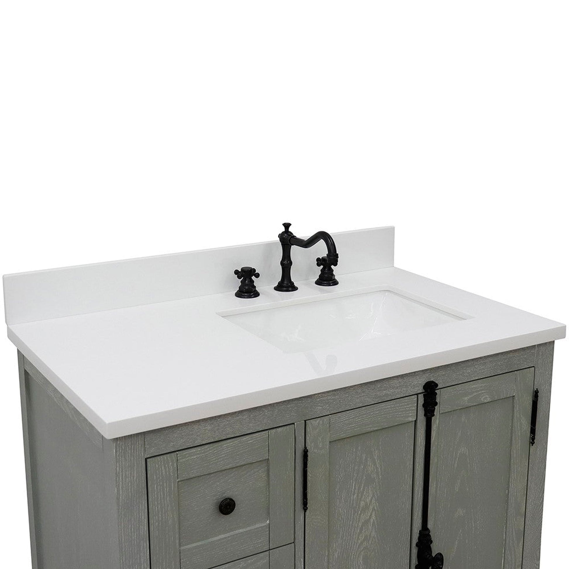 Bellaterra Home Plantation 37" 2-Door 3-Drawer Gray Ash Freestanding Vanity Set With Ceramic Right Offset Undermount Rectangle Sink and White Quartz Top