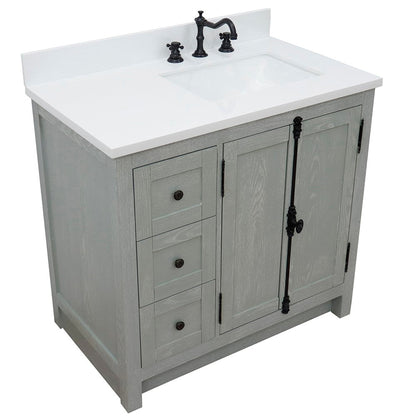 Bellaterra Home Plantation 37" 2-Door 3-Drawer Gray Ash Freestanding Vanity Set With Ceramic Right Offset Undermount Rectangle Sink and White Quartz Top