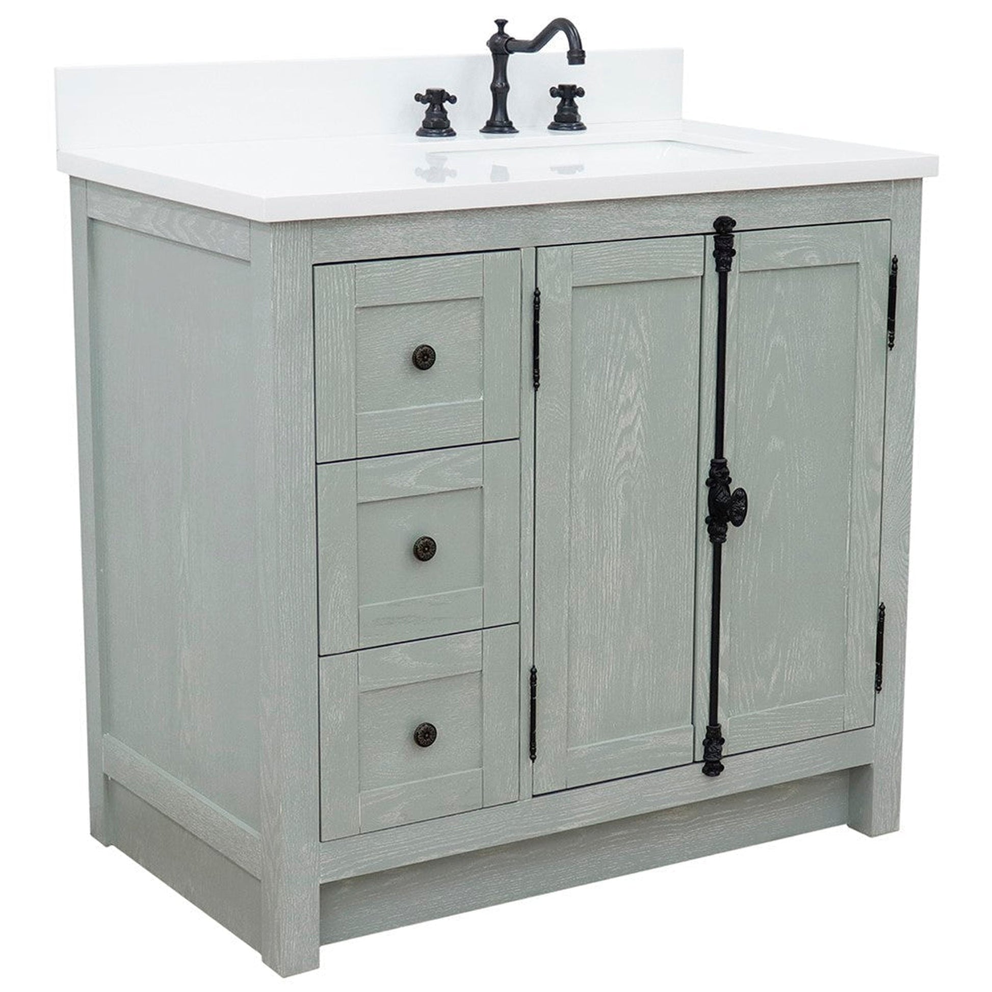 Bellaterra Home Plantation 37" 2-Door 3-Drawer Gray Ash Freestanding Vanity Set With Ceramic Right Offset Undermount Rectangle Sink and White Quartz Top