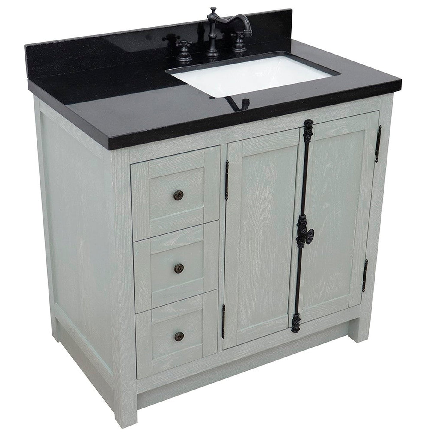 Bellaterra Home Plantation 37" 2-Door 3-Drawer Gray Ash Freestanding Vanity Set With Ceramic Right Offset Undermount Rectangular Sink and Black Galaxy Top