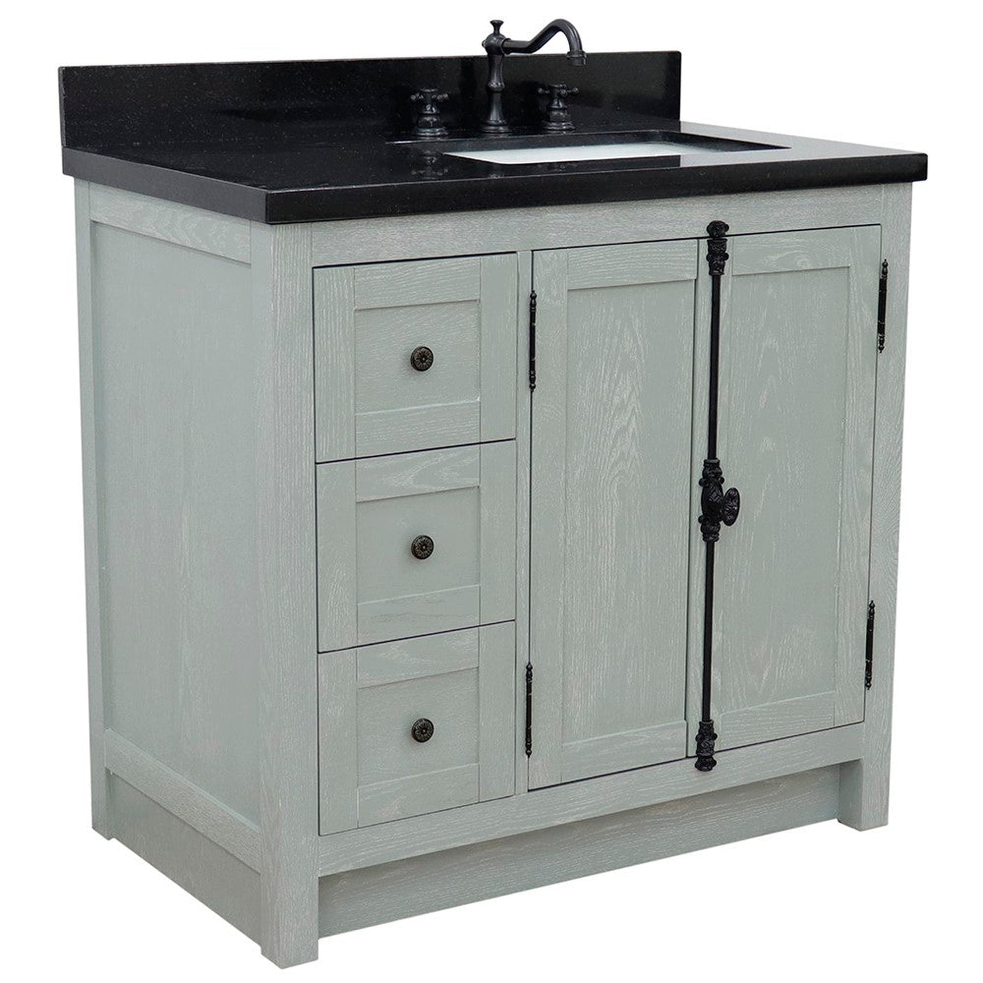 Bellaterra Home Plantation 37" 2-Door 3-Drawer Gray Ash Freestanding Vanity Set With Ceramic Right Offset Undermount Rectangular Sink and Black Galaxy Top