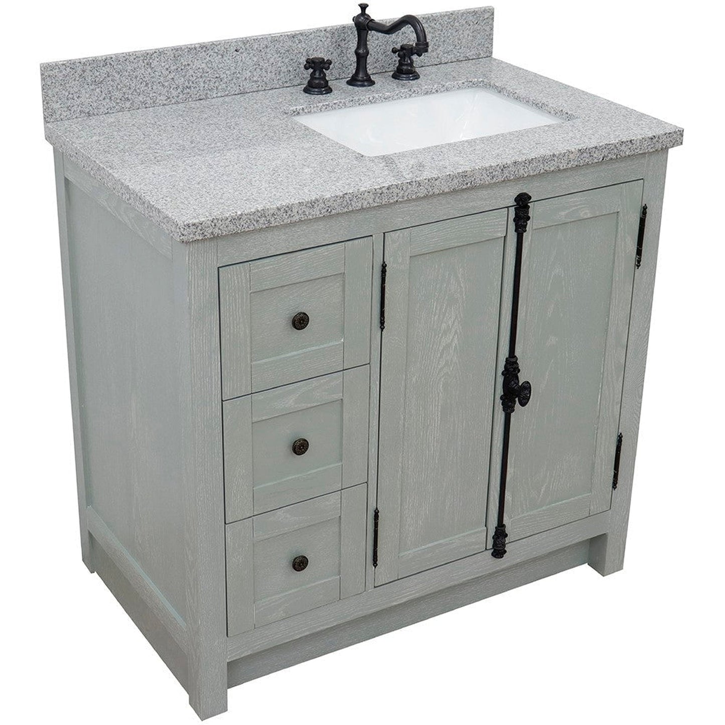 Bellaterra Home Plantation 37" 2-Door 3-Drawer Gray Ash Freestanding Vanity Set With Ceramic Right Offset Undermount Rectangular Sink and Gray Granite Top