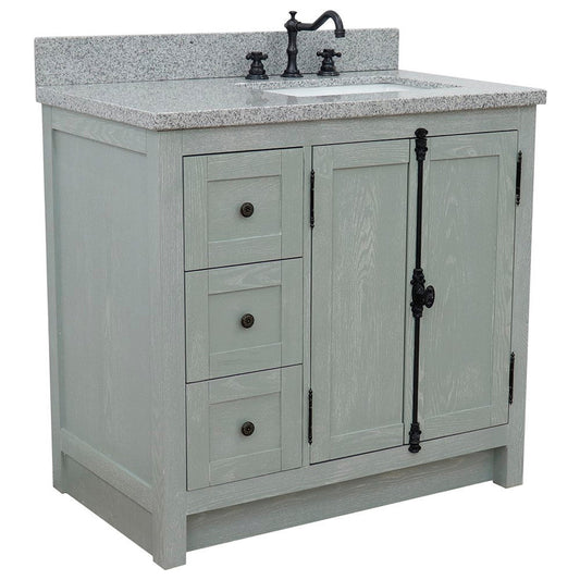 Bellaterra Home Plantation 37" 2-Door 3-Drawer Gray Ash Freestanding Vanity Set With Ceramic Right Offset Undermount Rectangular Sink and Gray Granite Top