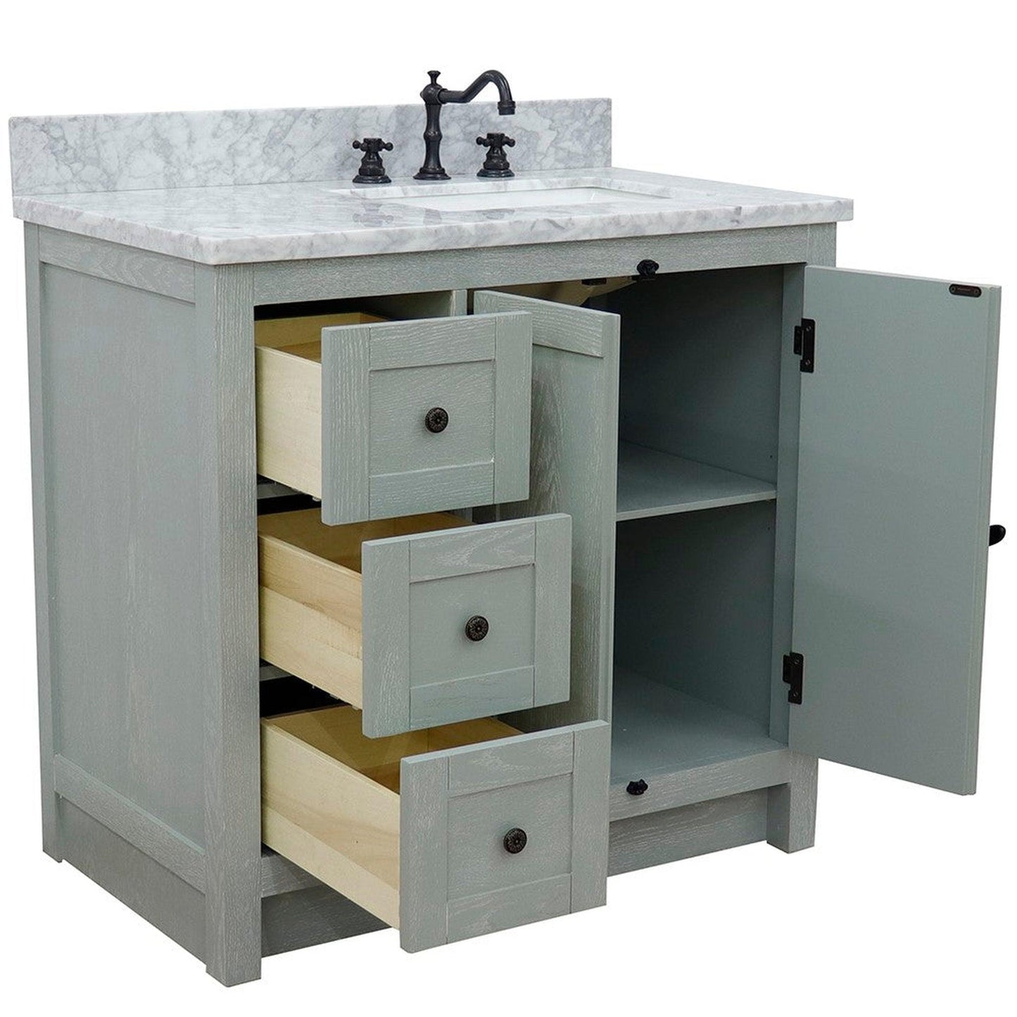 Bellaterra Home Plantation 37" 2-Door 3-Drawer Gray Ash Freestanding Vanity Set With Ceramic Right Offset Undermount Rectangular Sink and White Carrara Marble Top