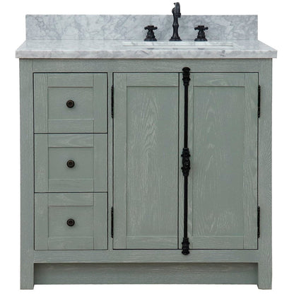 Bellaterra Home Plantation 37" 2-Door 3-Drawer Gray Ash Freestanding Vanity Set With Ceramic Right Offset Undermount Rectangular Sink and White Carrara Marble Top