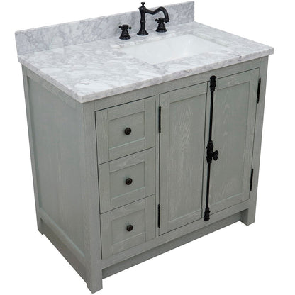 Bellaterra Home Plantation 37" 2-Door 3-Drawer Gray Ash Freestanding Vanity Set With Ceramic Right Offset Undermount Rectangular Sink and White Carrara Marble Top