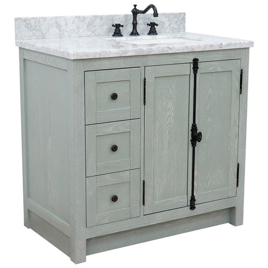 Bellaterra Home Plantation 37" 2-Door 3-Drawer Gray Ash Freestanding Vanity Set With Ceramic Right Offset Undermount Rectangular Sink and White Carrara Marble Top