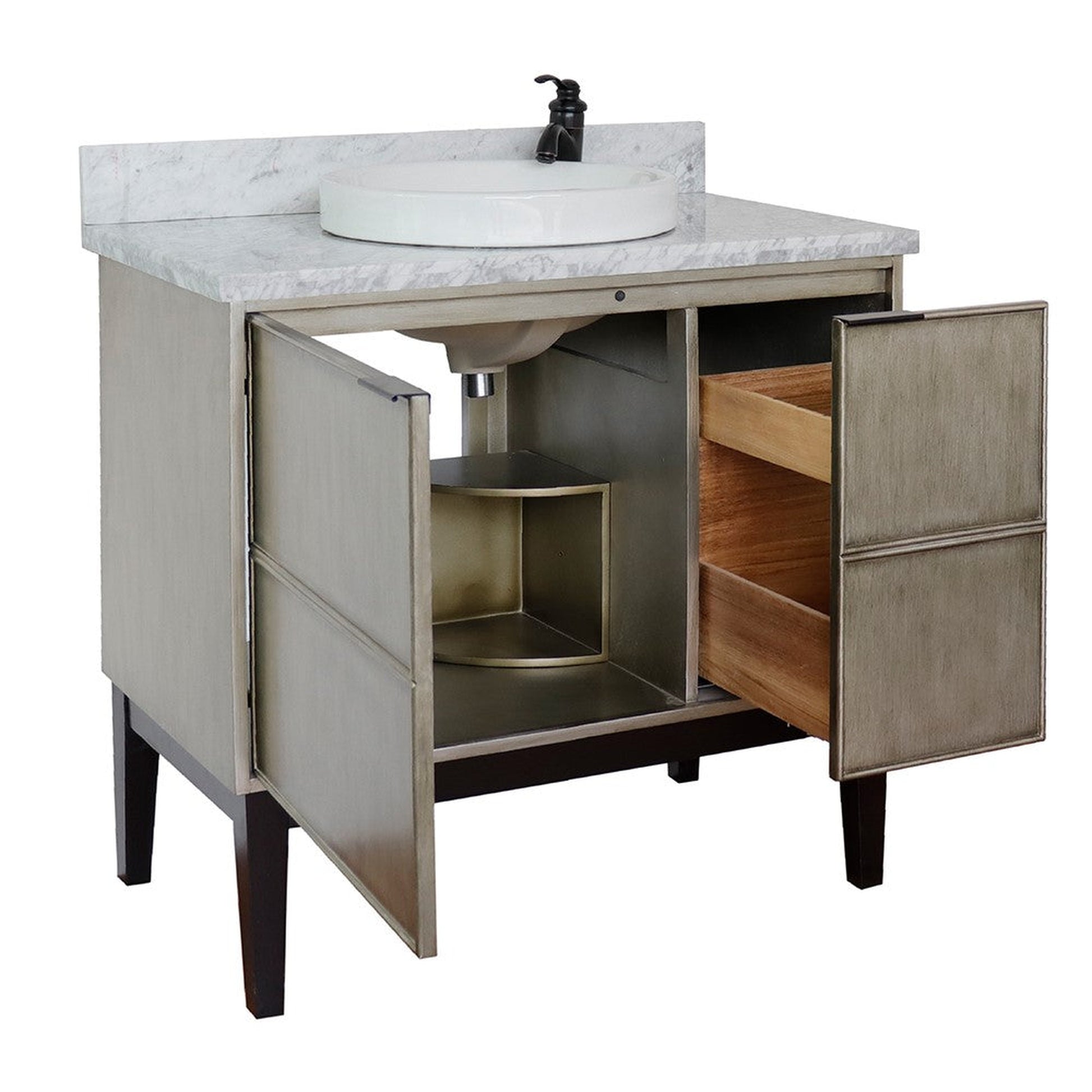 Bellaterra Home Scandi 37" 1-Door 2-Drawer Linen Brown Freestanding Vanity Set With Ceramic Vessel Sink and White Carrara Marble Top