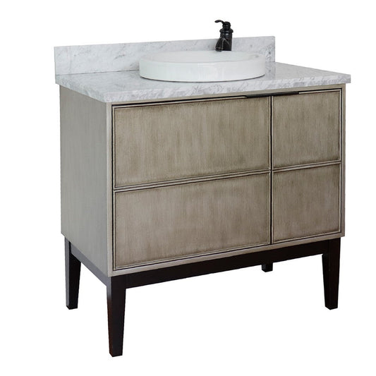 Bellaterra Home Scandi 37" 1-Door 2-Drawer Linen Brown Freestanding Vanity Set With Ceramic Vessel Sink and White Carrara Marble Top