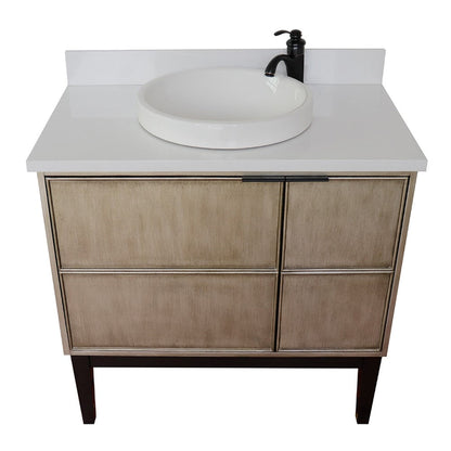 Bellaterra Home Scandi 37" 1-Door 2-Drawer Linen Brown Freestanding Vanity Set With Ceramic Vessel Sink and White Quartz Top