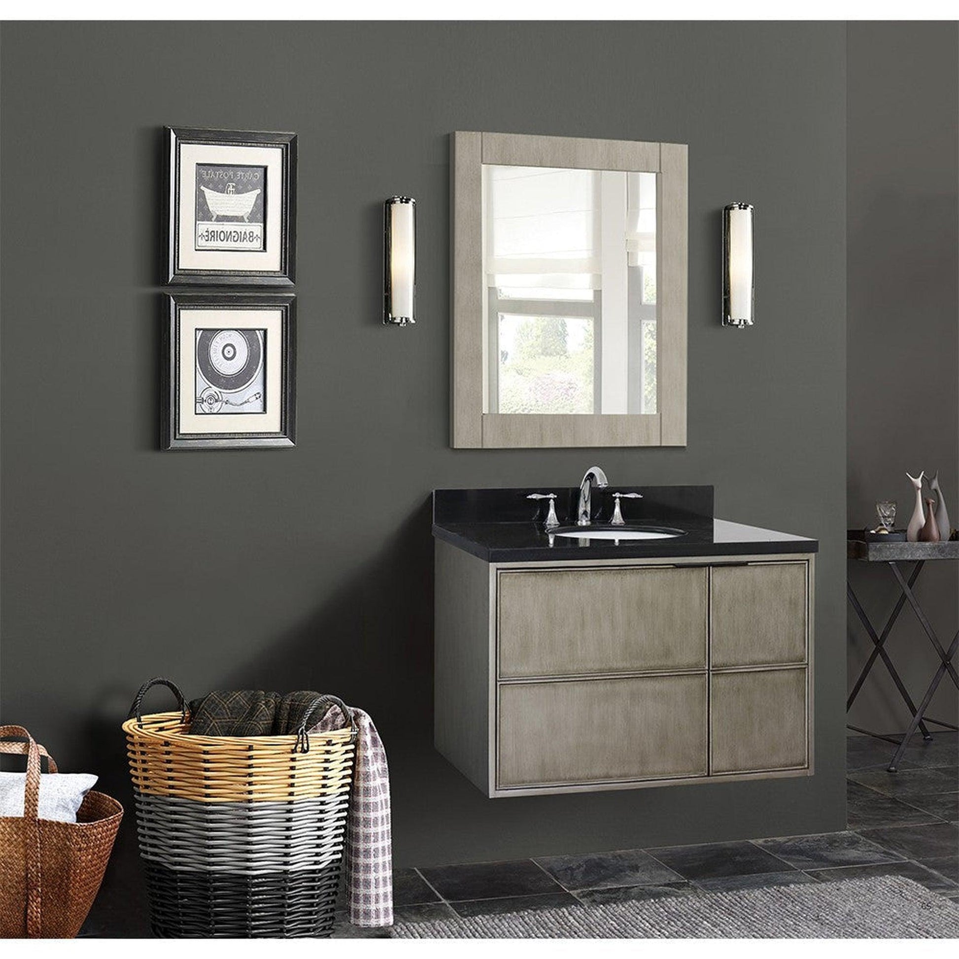 Bellaterra Home Scandi 37" 1-Door 2-Drawer Linen Brown Wall-Mount Vanity Set With Ceramic Undermount Oval Sink and Black Galaxy Top