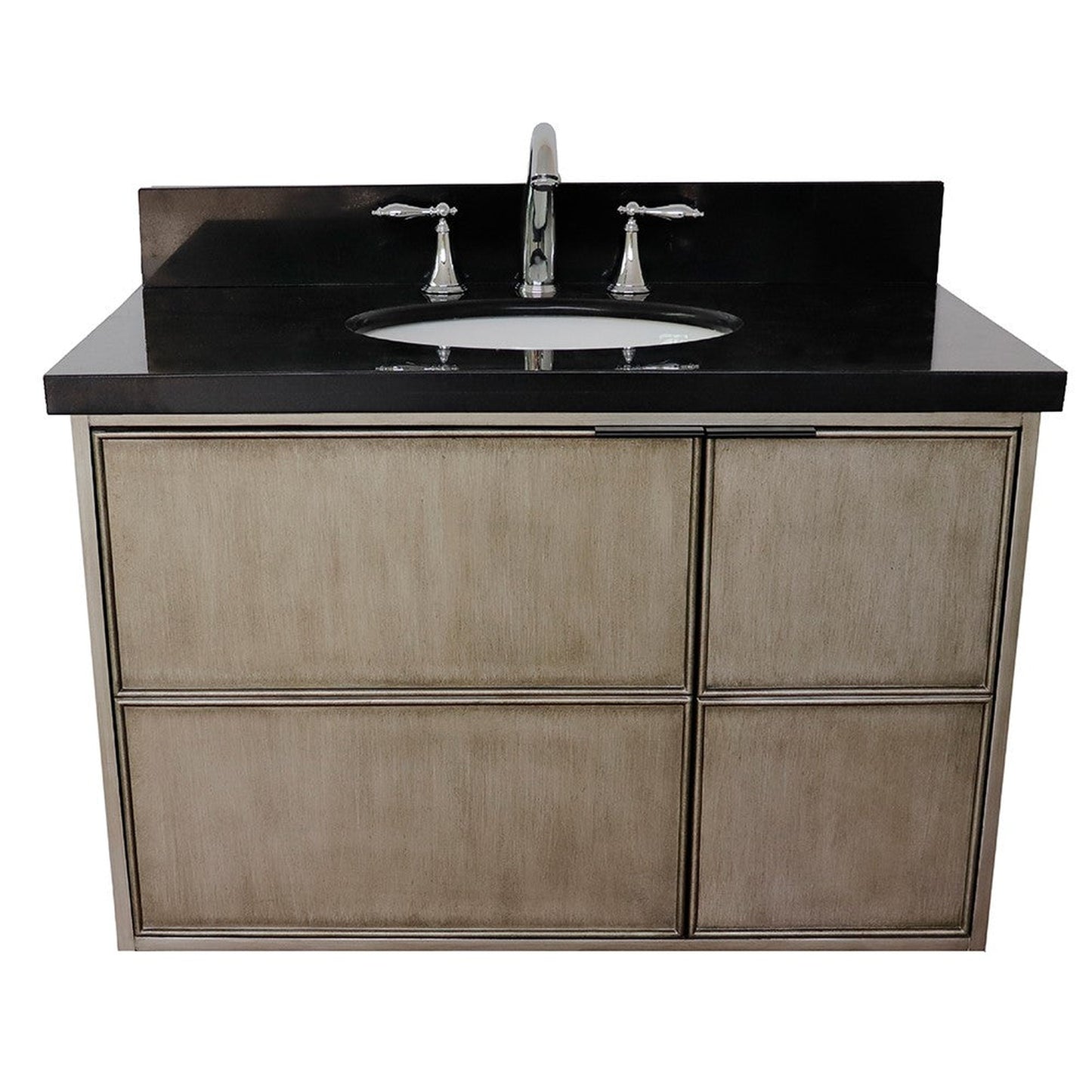 Bellaterra Home Scandi 37" 1-Door 2-Drawer Linen Brown Wall-Mount Vanity Set With Ceramic Undermount Oval Sink and Black Galaxy Top