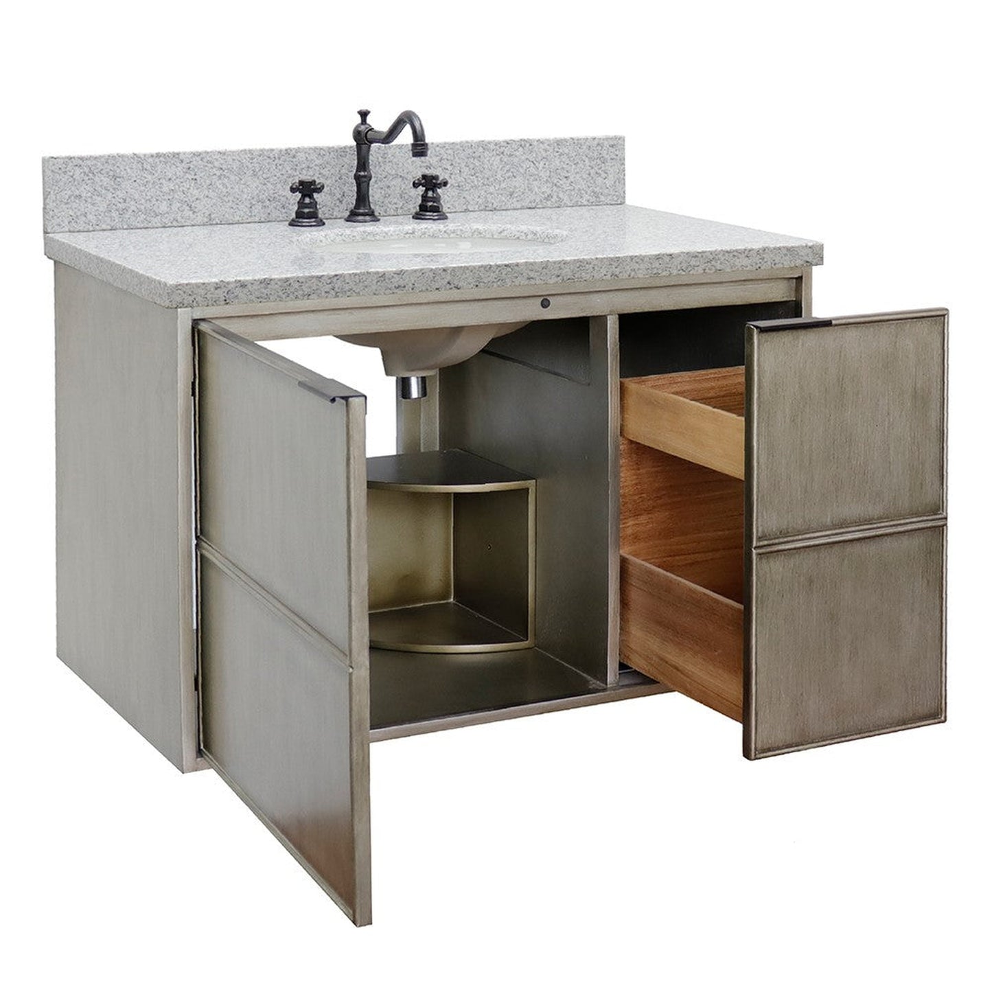 Bellaterra Home Scandi 37" 1-Door 2-Drawer Linen Brown Wall-Mount Vanity Set With Ceramic Undermount Oval Sink and Gray Granite Top