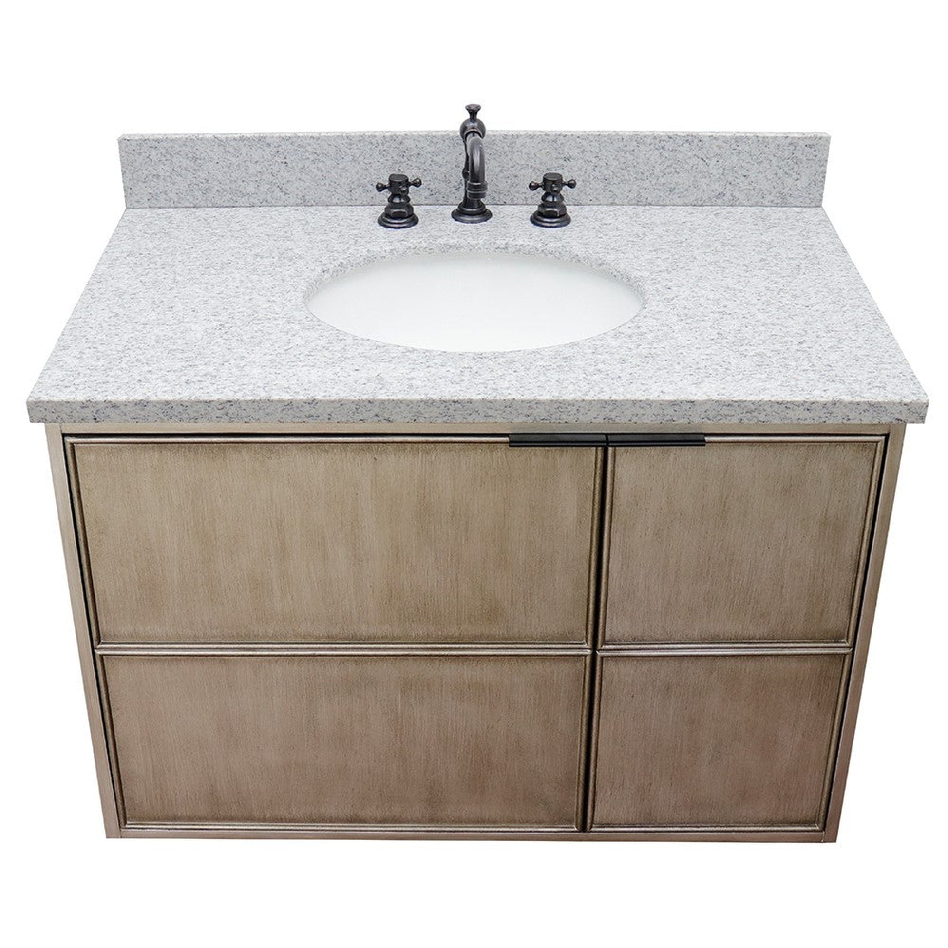 Bellaterra Home Scandi 37" 1-Door 2-Drawer Linen Brown Wall-Mount Vanity Set With Ceramic Undermount Oval Sink and Gray Granite Top