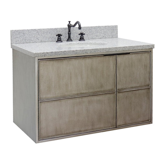 Bellaterra Home Scandi 37" 1-Door 2-Drawer Linen Brown Wall-Mount Vanity Set With Ceramic Undermount Oval Sink and Gray Granite Top