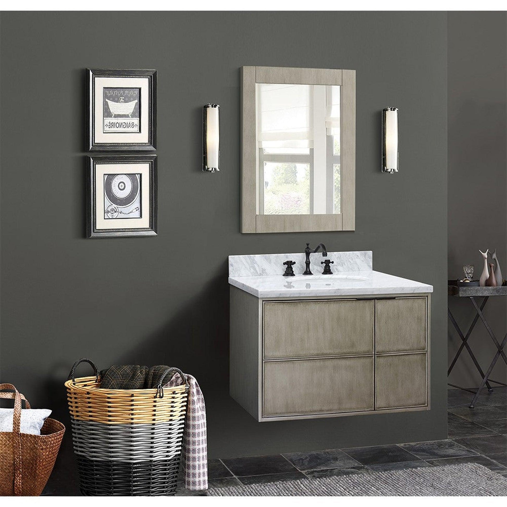Bellaterra Home Scandi 37" 1-Door 2-Drawer Linen Brown Wall-Mount Vanity Set With Ceramic Undermount Oval Sink and White Carrara Marble Top