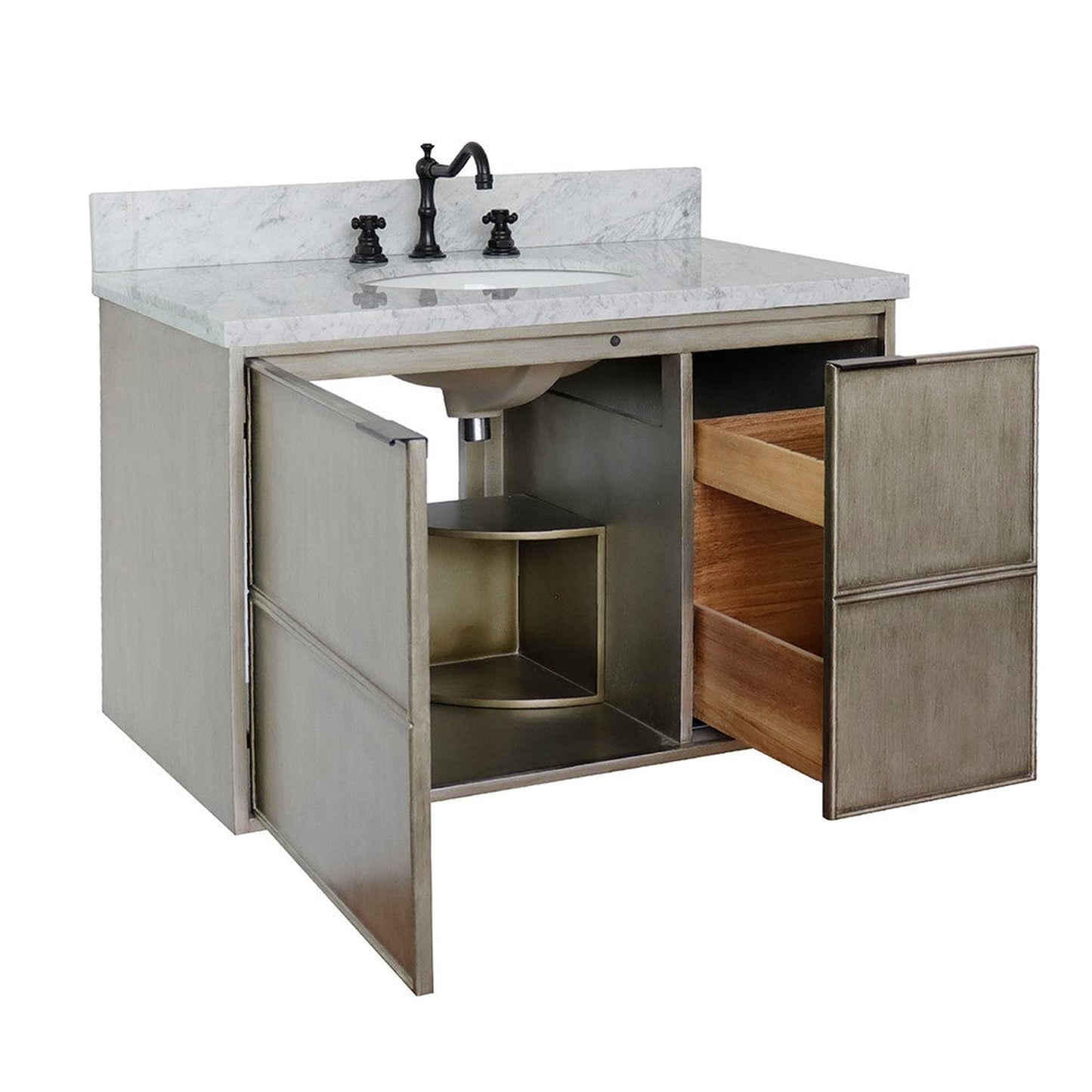 Bellaterra Home Scandi 37" 1-Door 2-Drawer Linen Brown Wall-Mount Vanity Set With Ceramic Undermount Oval Sink and White Carrara Marble Top