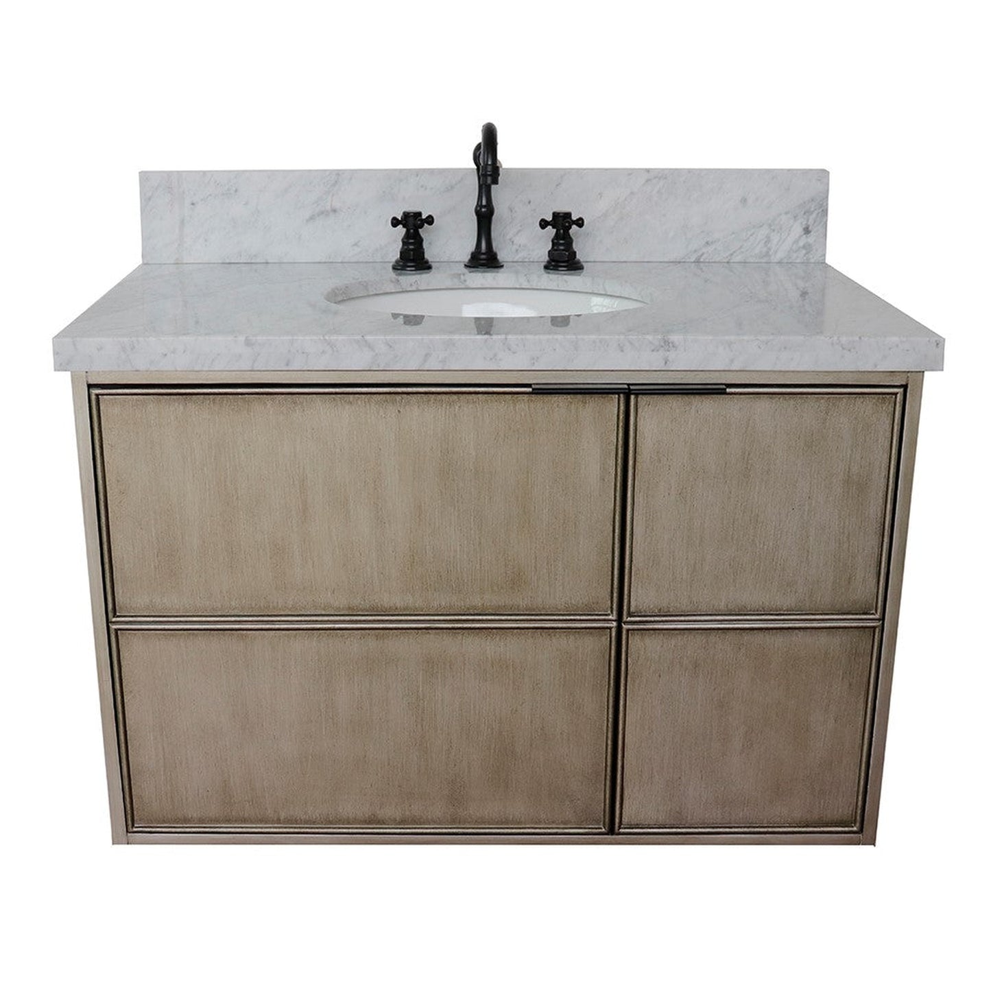 Bellaterra Home Scandi 37" 1-Door 2-Drawer Linen Brown Wall-Mount Vanity Set With Ceramic Undermount Oval Sink and White Carrara Marble Top